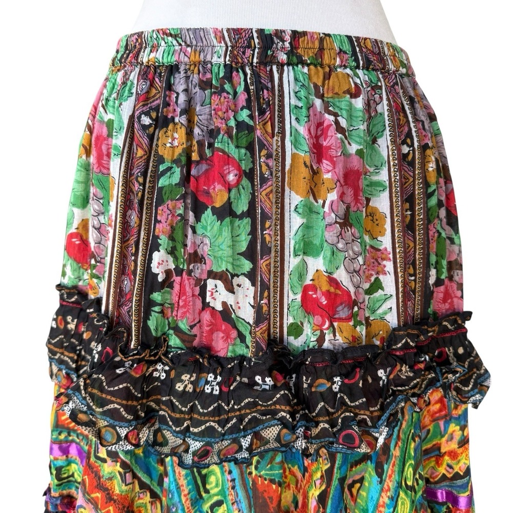 Anii By Natural Maxi Skirt Womens Large Multicolor Cotton Tiered Pull On Stretch